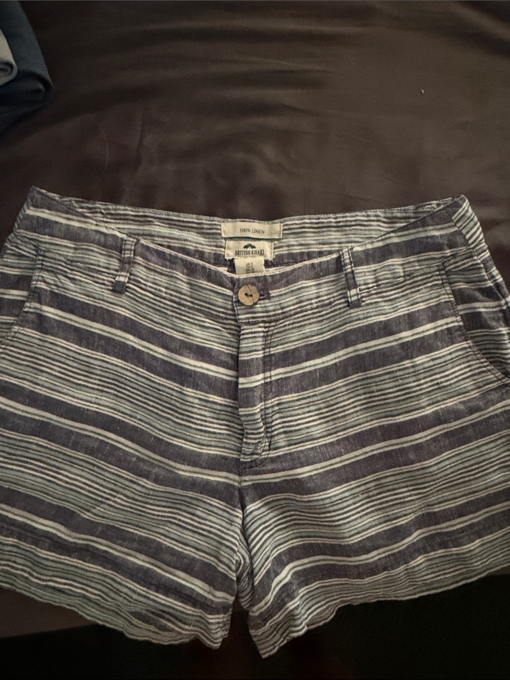 British Khaki Striped Linen Shorts - Navy & White